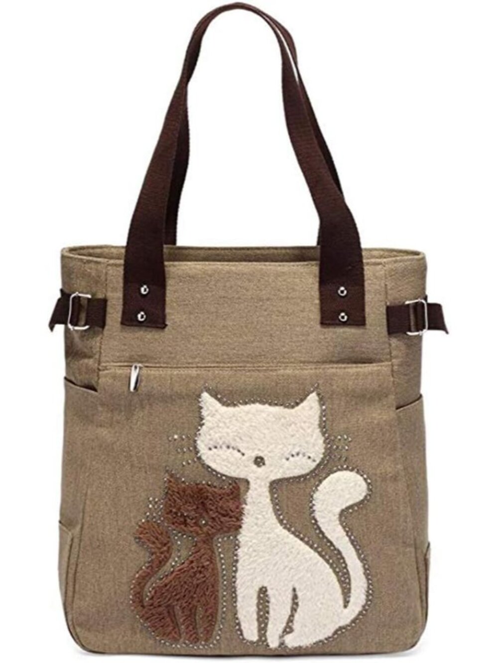 Canvas Tote Handbag for Women Cute Cat Embroidery Shoulder Purse Large Zipper Tr
